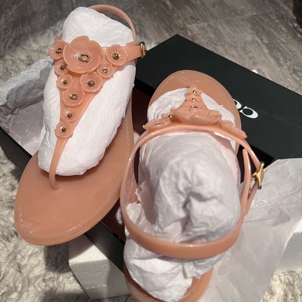 Coach Peach Jelly T-Strap Floral Sandals